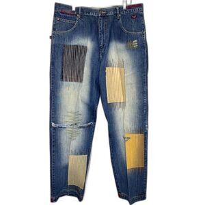 Vintage Phat Farm Jeans Mens 38X32 Baggy Patchwork Loose Fit 90s Y2K Faded Blue